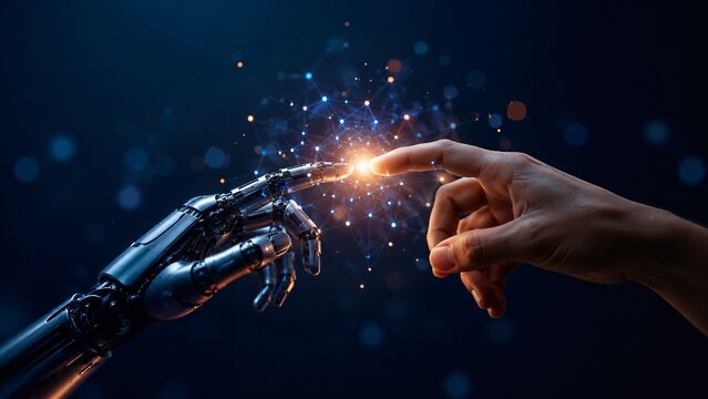 Artificial Intelligence Concept Robot Hand Touching Human Hand with Digital Network Background Photo