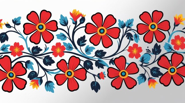 Decorative floral border with red flowers and leaves illustration