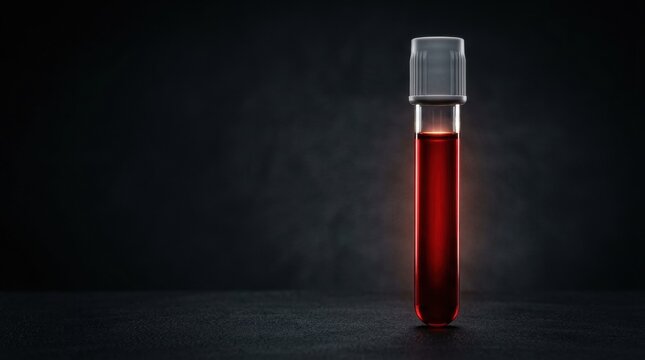 Close up of a sealed test tube filled with red liquid on a dark textured surface