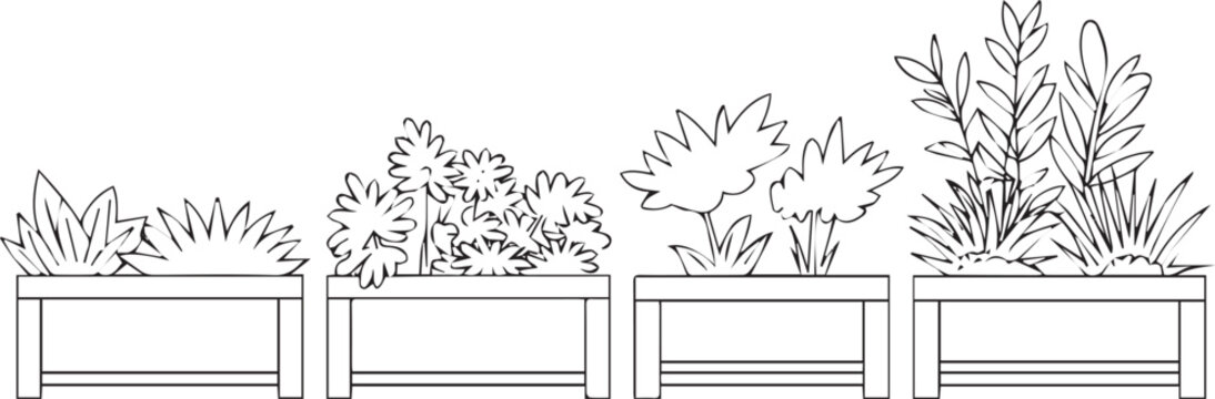 Set of flower boxes in elevation view for use in architectural drawing isolated on no Background