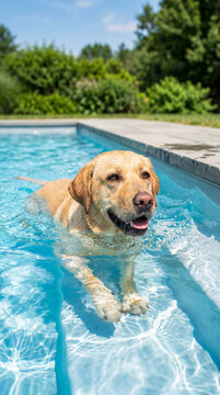 Vertical photo of a Yellow Labrador Retriever swimming in a pool. Active dog paddling in clear blue water on a sunny summer day. Pet recreation and exercise