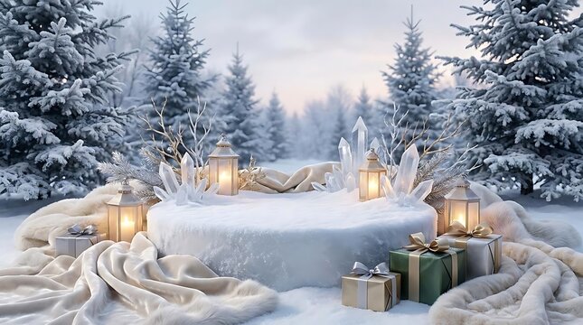 Snowy winter scene with lanterns and gifts
