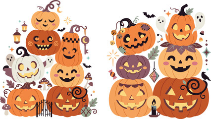 Obraz premium A festive collection of stacked jack o lanterns with cute faces and spooky halloween decorations isolated on a white background