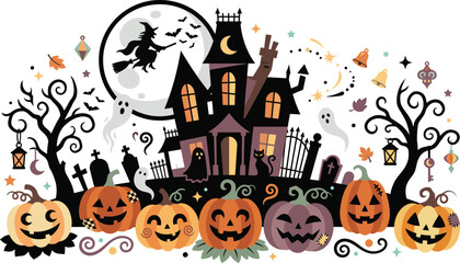 Fototapeta premium A spooky haunted house illustration featuring a witch flying across a full moon with carved pumpkins and bare trees below