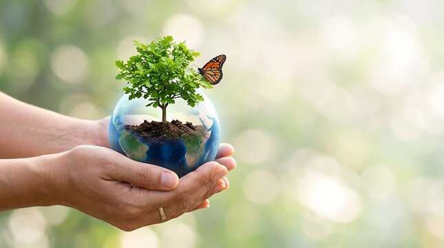 Hands holding earth with tree butterfly sustainability ecology environmental conservation concept