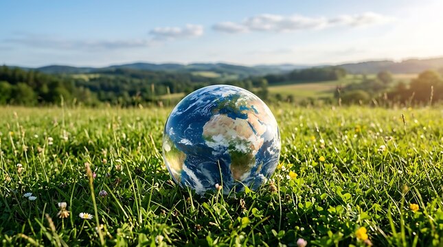 Earth globe in meadow sustainability environmental conservation and global ecology concept
