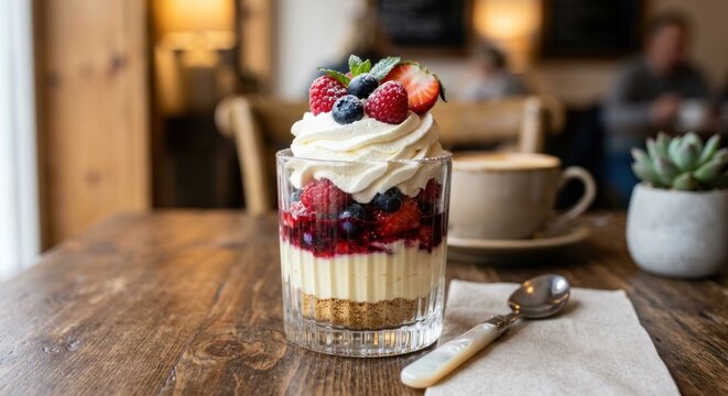 Delicious Berry and Cream Dessert in a Glass with Coffee.