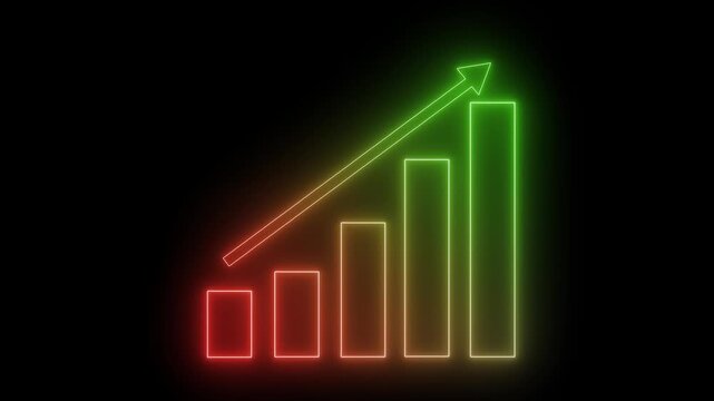 Neon upward bar chart with five bars and diagonal arrow on black background animation