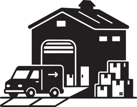 warehouse delivery logistics building with truck and boxes silhouette vector illustration