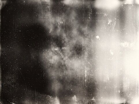 Distressed Black and White Film Texture with Deep Shadow, Bright Overexposed Light, Dust, Scratches and Aged Emulsion for Cinematic Posters, Album Covers and Editorial Backgrounds