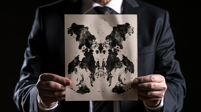 Businessman Holding Rorschach Inkblot Test: Psychological Analysis and Interpretation in Surrealistic Artwork and Design