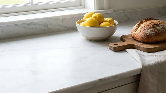 Fresh lemons and crusty bread on kitchen countertop