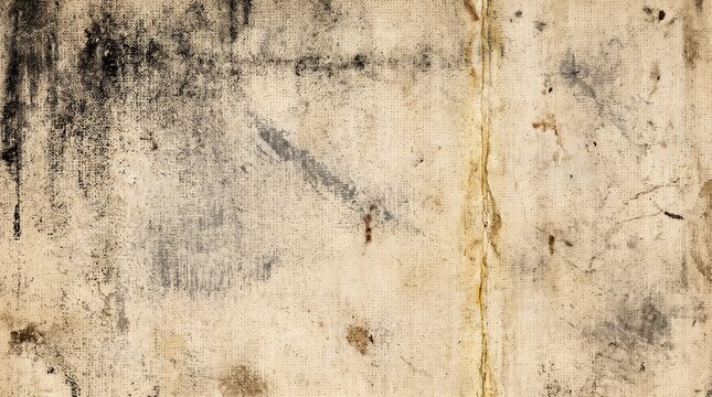 Distressed Beige Canvas Texture with Dark Grime, Faded Abrasion, Yellowed Vertical Seam and Coarse Woven Fibers for Vintage Posters, Editorial Layouts, Album Covers and Grunge Backgrounds