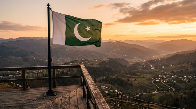 Pakistani flag waving proudly over scenic mountain valley at golden hour
