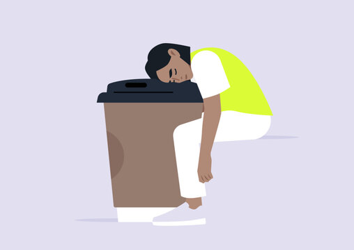 A weary individual is resting upon a to-go coffee cup, showcasing the struggle of balancing energy with fatigue in a lively urban setting, seeking a moment of peace.