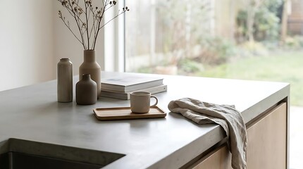Fototapeta premium Minimalist kitchen counter with ceramic vase and natural light