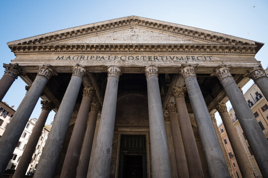 The ancient portico and columns of the Pantheon with Latin inscription in Rome, Italy
