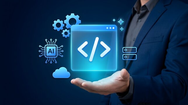 Low Code No Code Development and Programming Concept. Professional Presenting Virtual Coding, AI Automation and Cloud Integration for Applications