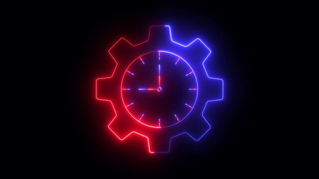 glowing neon Time Management icon isolated on black background. Time management and efficiency icon featuring a clock inside a gear wheel. representing workflow optimization, productivity, progress.