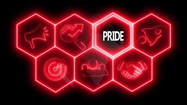 Business pride concept animated on abstract technology background with rotating world map icon. Business, Technology, Internet and networking concept. 