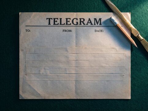 Vintage telegram form in dramatic light on dark green desk