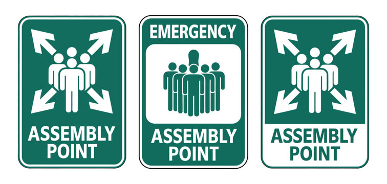 Assembly point sign emergency symbol featuring an evacuation meeting location icon with clear safety instructions, printable poster layout, and guidance graphics, designed as a professional vector tem