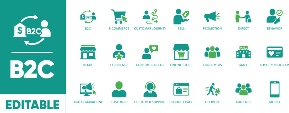B2C e-commerce and retail vector icon set. Customer journey, online store, digital marketing, and consumer behavior concepts. Editable flat two-tone glyphs.