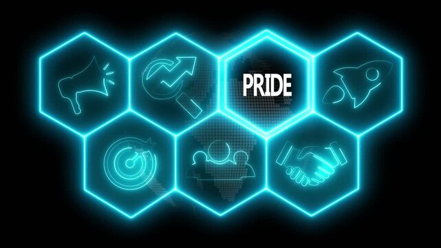 Business pride concept animated on abstract technology background with rotating world map icon. Business, Technology, Internet and networking concept.