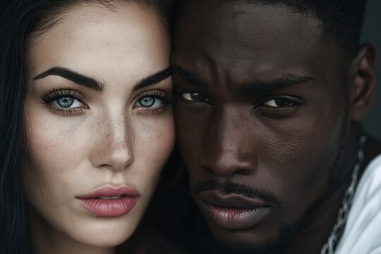 Intimate close-up portrait of a diverse couple, showcasing contrasting skin tones and striking blue eyes.