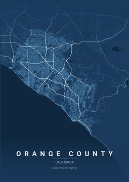 County Map Poster of Orange, California - Blueprint Style