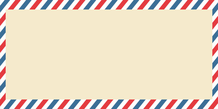 Vintage airmail postcard back template with diagonal blue and red stripe. Travel post card blank backside. Air mail envelope frame with postage place. Vector illustration isolated on white
