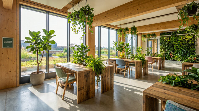 Oficina ecol&oacute;gica con dise&ntilde;o moderno, vegetaci&oacute;n y espacios saludables para el trabajo sostenible.