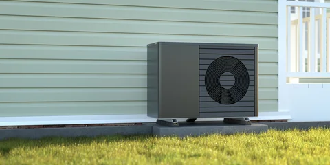 Photorealistic 3d render of a dark fictitious air source heat pump mounted to a concrete base with vibration dampers on the outside of a house. © Andreas Prott