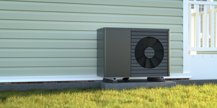 Photorealistic 3d render of a dark fictitious air source heat pump mounted to a concrete base with vibration dampers on the outside of a house.