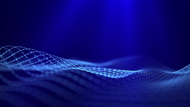 Waves transmit silent codes through a luminous matrix. Particles pulse with digital motion. 3D rendering. Seamless loop.