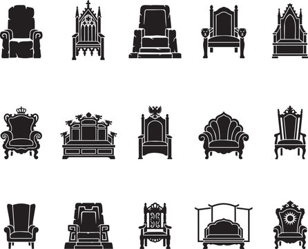 Gothic throne icons set, 15 royal medieval chair silhouettes. Antique king furniture collection. Black vector armchairs for gaming and fantasy design.
