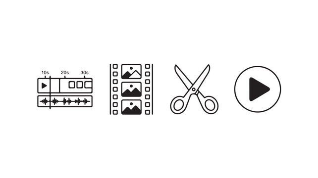 Black video editing icons set including play button, timeline, film strip, scissors and play circle