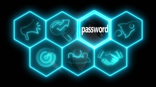 Business Password concept animated on abstract technology background with rotating world map icon. Business, Technology, Internet and networking concept.