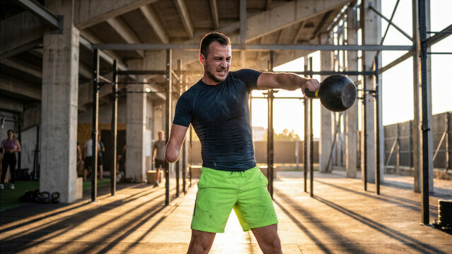Adaptive sportsman with arm amputation performing kettlebell swing in gym