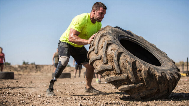 Adaptive sportsman with leg amputation doing crossfit tire flips in vibrant gym