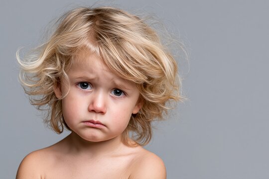 Close-up portrait of a sad young child with messy blonde hair and big blue eyes looking down.