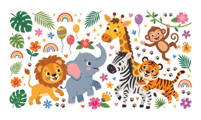 Fototapeta premium Cute Jungle Animals Cartoon Background Collection Flat Vector Illustration Isolated on White Background