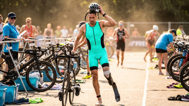 Determined adaptive para triathlete with leg prosthetic transition from cycling