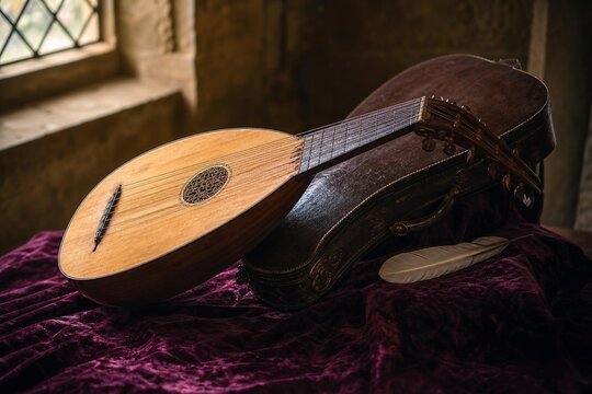 lute. Medieval lute resting on velvet cloth with a feather tucked in its case. event programs, museum guides, designed for cultural heritage projects and event programs, supports education.
