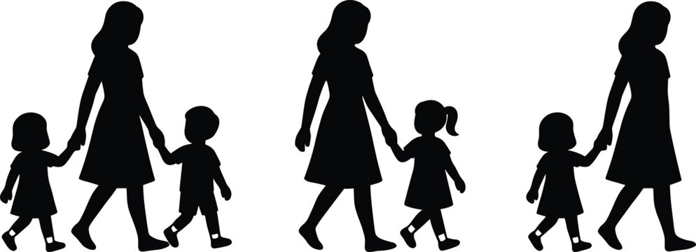 Silhouette of mother holding hands and walking with her children on white background