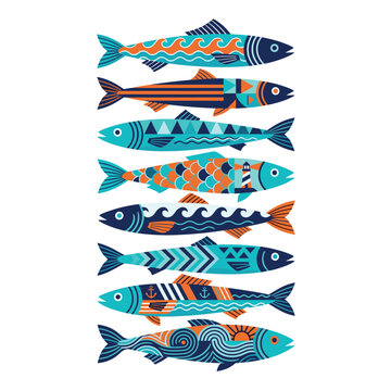 Colorful patterned fish illustration set in folk art style.