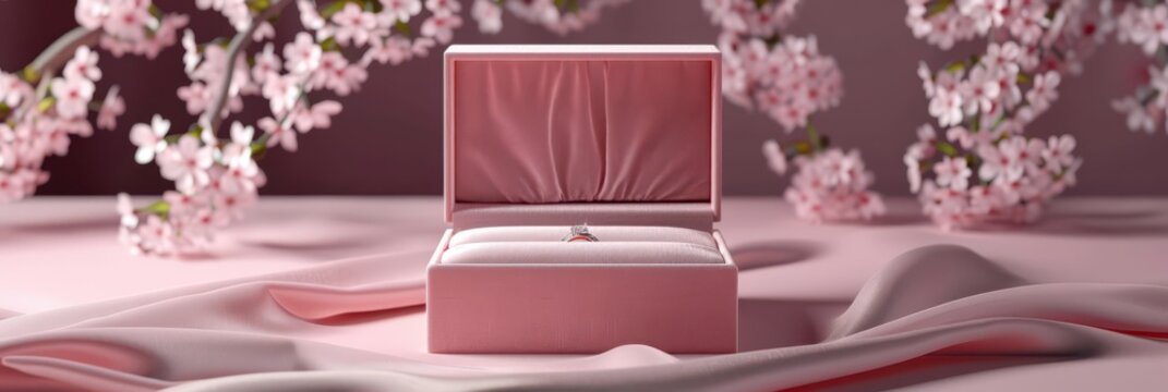 Pink ring jewelry box mockup with satin and cherry blossoms for mother's day romantic gift background and banner design