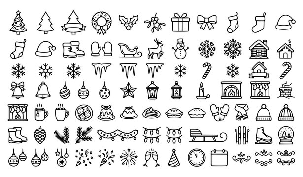 Christmas and Winter Holiday Line Icon Set with Xmas Trees Snowflakes Stockings Gift Boxes Mittens Fireplaces and New Year Party Celebration Symbols for Graphic Designs