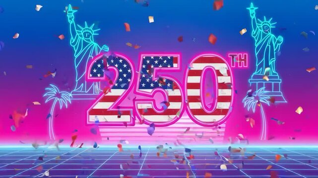 Neon retro celebration of america's 250th anniversary with large flag patterned 250 numbers, statue of liberty outlines, palm trees and falling confetti, vibrant vaporwave colors