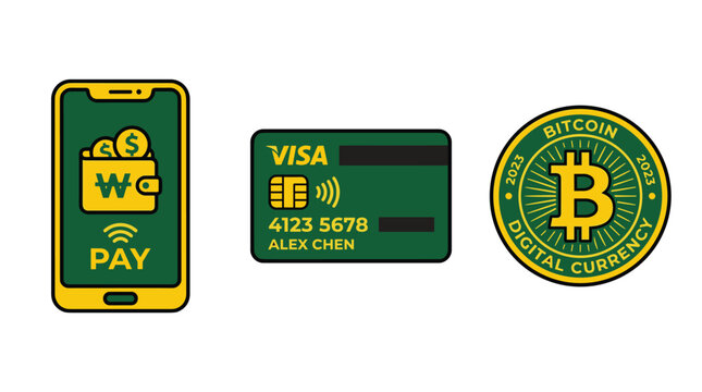 Digital payment icons with mobile wallet credit card and bitcoin.